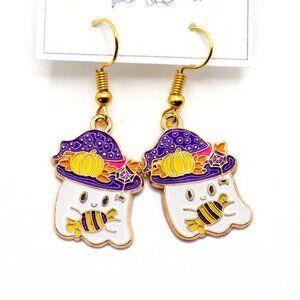 Handmade Halloween Enamel Ghost with Floral Hat & Candy Earrings, New